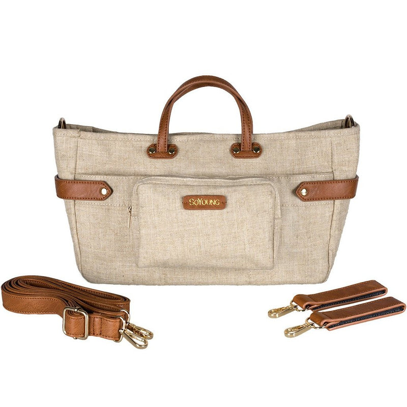 Andi 3-In-1 Stroller Organizer In Raw Linen with Tan Straps
